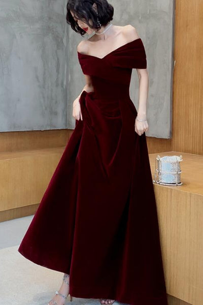 Off the Shoulder Burgundy Velvet Long Prom Dresses, Wine Red Velvet Off Shoulder Formal Dresses