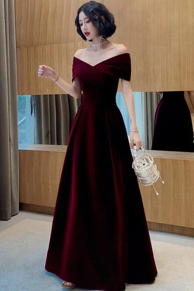 Off the Shoulder Burgundy Velvet Long Prom Dresses, Wine Red Velvet Off Shoulder Formal Dresses