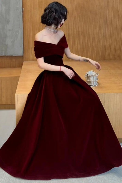 Off the Shoulder Burgundy Velvet Long Prom Dresses, Wine Red Velvet Off Shoulder Formal Dresses