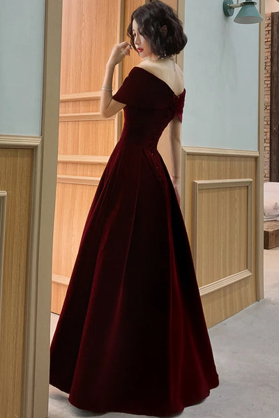 Off the Shoulder Burgundy Velvet Long Prom Dresses, Wine Red Velvet Off Shoulder Formal Dresses