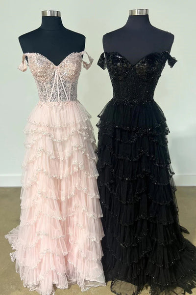 Off the Shoulder Champagne Black Pink Layered Lace Prom Dresses, Off Shoulder Long Layered Lace Formal Evening Dresses