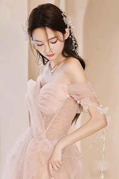 Off the Shoulder Champagne Floral Long Prom Dresses, Off Shoulder Champagne Floral Long Formal Evening Dresses