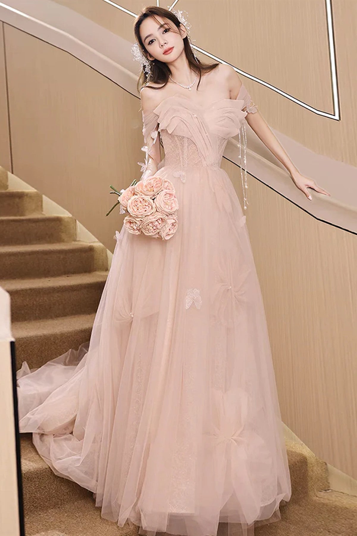 Off the Shoulder Champagne Floral Long Prom Dresses, Off Shoulder Champagne Floral Long Formal Evening Dresses