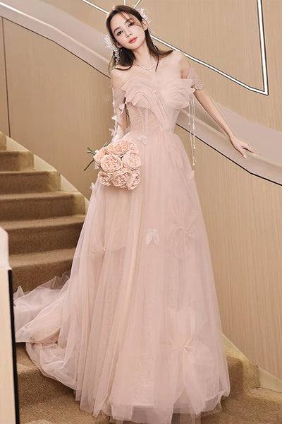 Off the Shoulder Champagne Floral Long Prom Dresses, Off Shoulder Champagne Floral Long Formal Evening Dresses