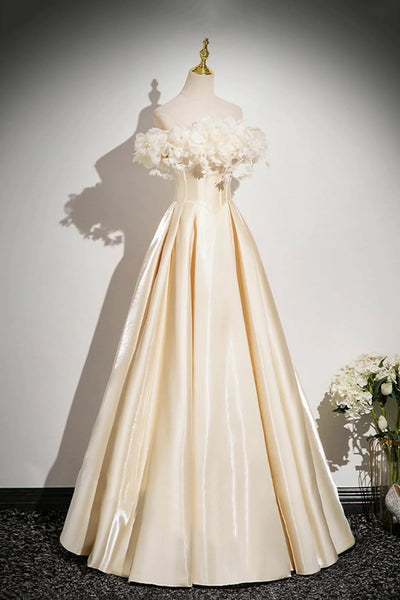 Off the Shoulder Champagne Satin Floral Prom Dresses, Champagne Satin Long Formal Evening Dresses