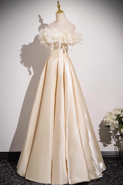 Off the Shoulder Champagne Satin Floral Prom Dresses, Champagne Satin Long Formal Evening Dresses