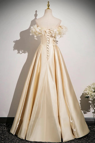 Off the Shoulder Champagne Satin Floral Prom Dresses, Champagne Satin Long Formal Evening Dresses