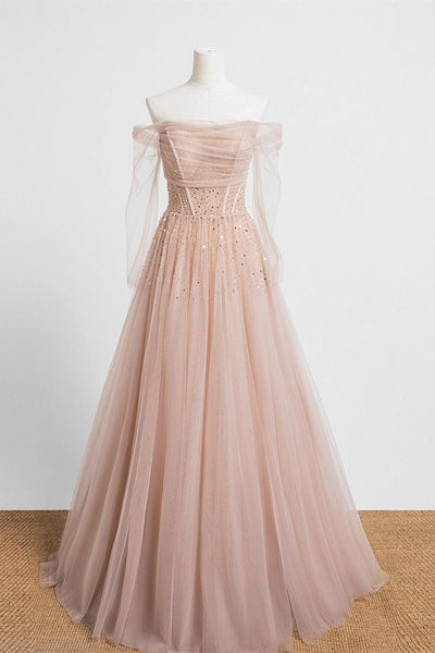 Off the Shoulder Champagne Tulle Long Prom Dresses, Champagne Beaded Tulle Formal Evening Dresses