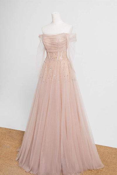 Off the Shoulder Champagne Tulle Long Prom Dresses, Champagne Beaded Tulle Formal Evening Dresses