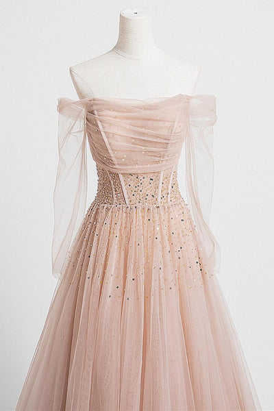 Off the Shoulder Champagne Tulle Long Prom Dresses, Champagne Beaded Tulle Formal Evening Dresses