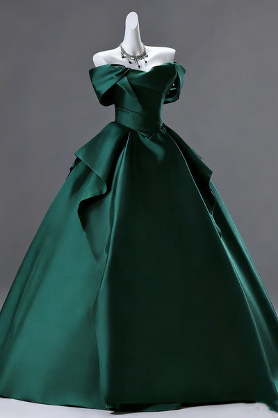 Off the Shoulder Dark Green Satin Long Prom Dresses, Dark Green Long Satin Formal Dresses