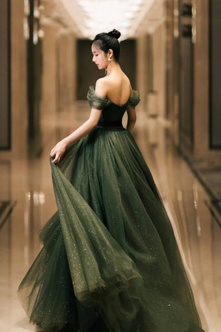 Off the Shoulder Dark Green Tulle Long Prom Dresses, Shiny Off the Shoulder Green Tulle Long Formal Dresses