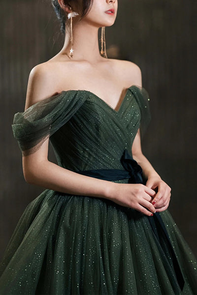 Off the Shoulder Dark Green Tulle Long Prom Dresses, Shiny Off the Shoulder Green Tulle Long Formal Dresses