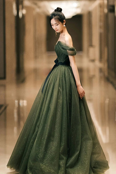 Off the Shoulder Dark Green Tulle Long Prom Dresses, Shiny Off the Shoulder Green Tulle Long Formal Dresses
