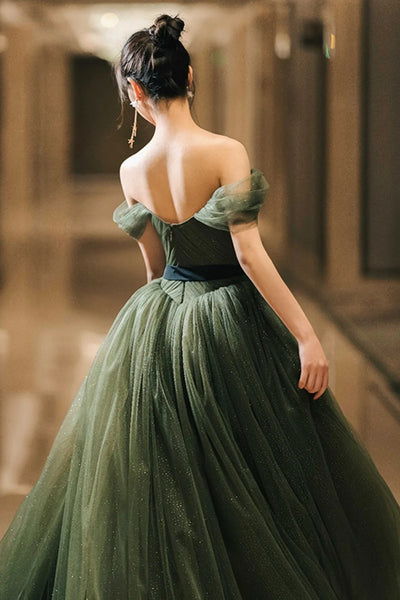 Off the Shoulder Dark Green Tulle Long Prom Dresses, Shiny Off the Shoulder Green Tulle Long Formal Dresses