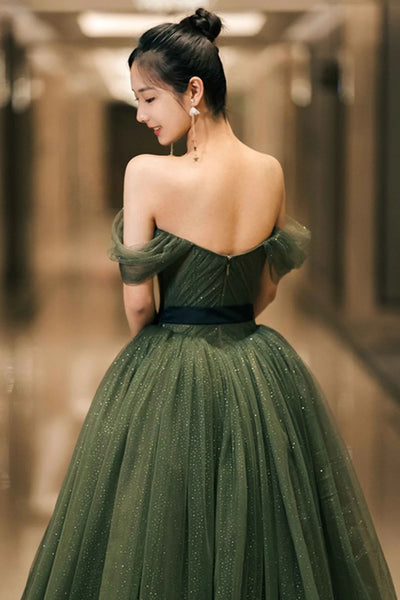 Off the Shoulder Dark Green Tulle Long Prom Dresses, Shiny Off the Shoulder Green Tulle Long Formal Dresses