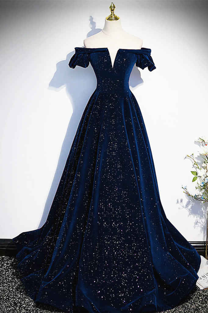 Off the Shoulder Dark Navy Blue Long Prom Dresses, Dark Navy Blue Long