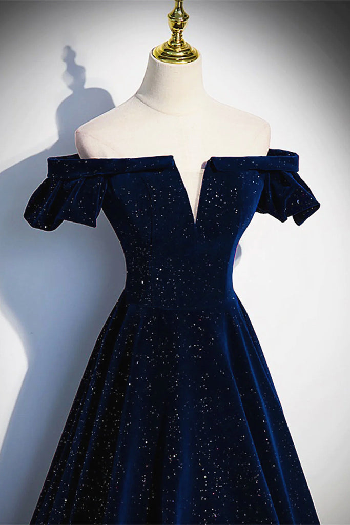 Off the Shoulder Dark Navy Blue Long Prom Dresses, Dark Navy Blue Long