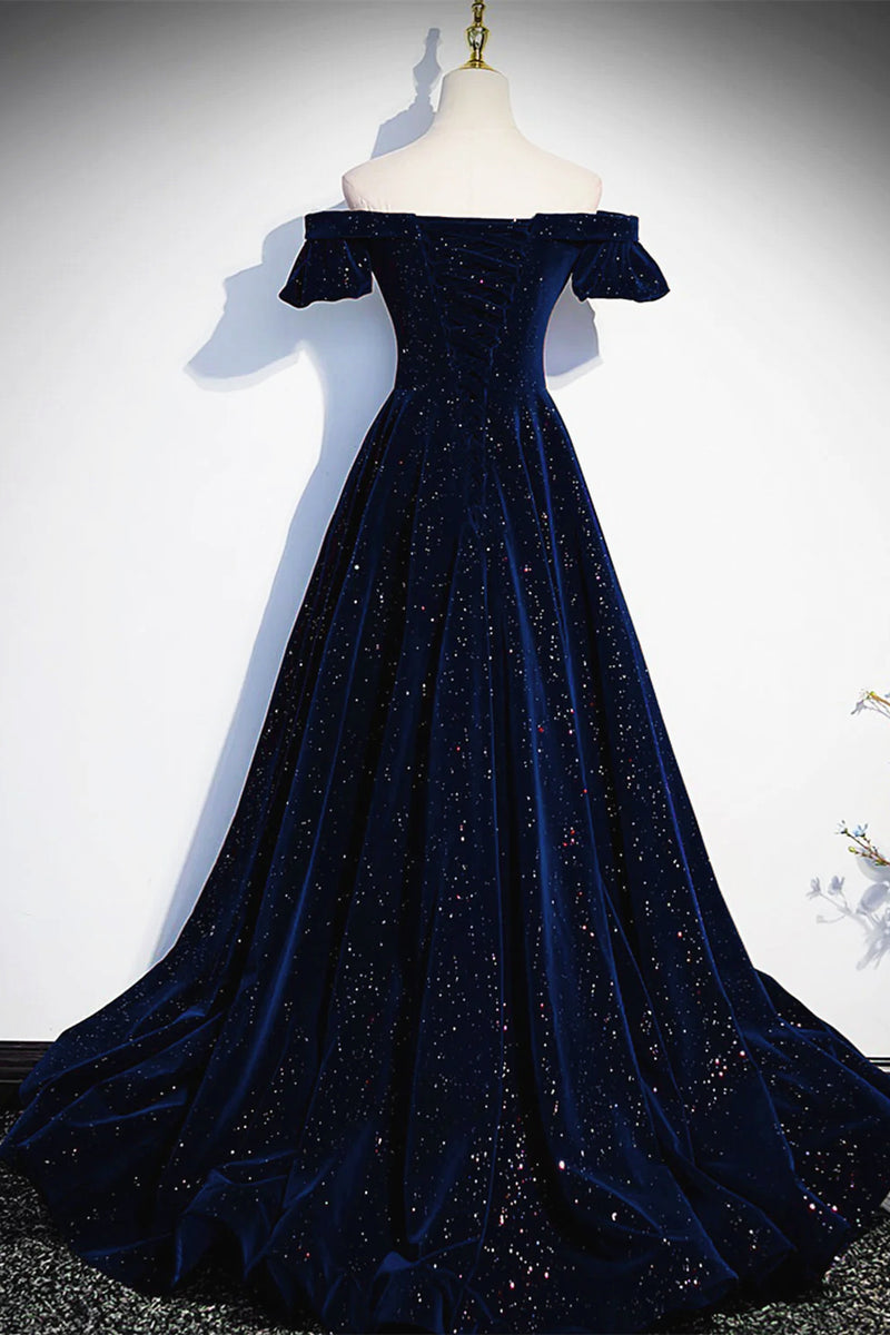 Off the Shoulder Dark Navy Blue Long Prom Dresses, Dark Navy Blue Long