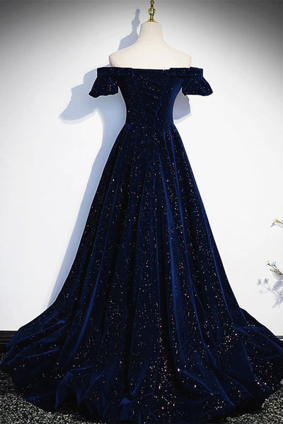 Off the Shoulder Dark Navy Blue Long Prom Dresses, Dark Navy Blue Long Formal Evening Dresses