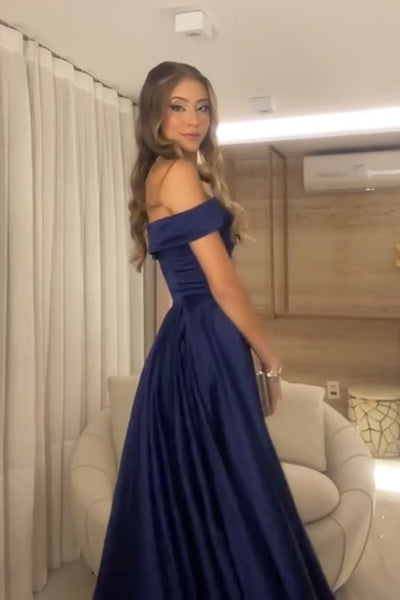 Off the Shoulder Dark Navy Blue Long Satin Prom Dresses, Navy Blue Satin Long Formal Dresses