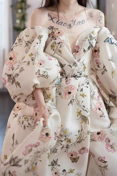 Off the Shoulder Floral Print Wedding Dress, Puff Sleeve Deep V Prom Dresses, High Slit Backless Printed Formal Dresses