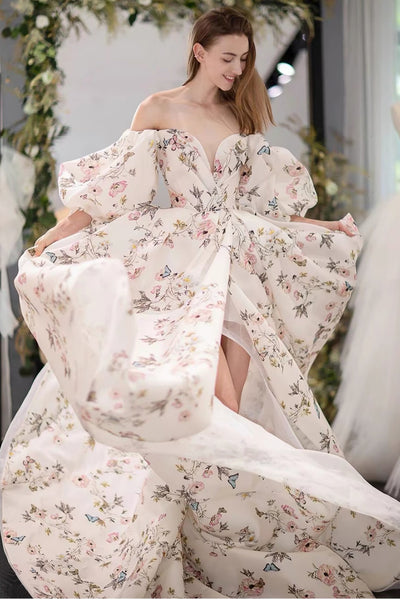 Off the Shoulder Floral Print Wedding Dress, Puff Sleeve Deep V Prom Dresses, High Slit Backless Printed Formal Dresses
