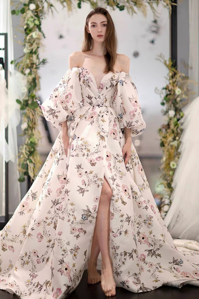 Off the Shoulder Floral Print Wedding Dress, Puff Sleeve Deep V Prom Dresses, High Slit Backless Printed Formal Dresses