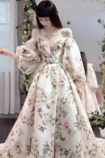 Off the Shoulder Floral Print Wedding Dress, Puff Sleeve Deep V Prom Dresses, High Slit Backless Printed Formal Dresses