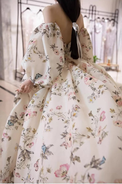 Off the Shoulder Floral Print Wedding Dress, Puff Sleeve Deep V Prom Dresses, High Slit Backless Printed Formal Dresses