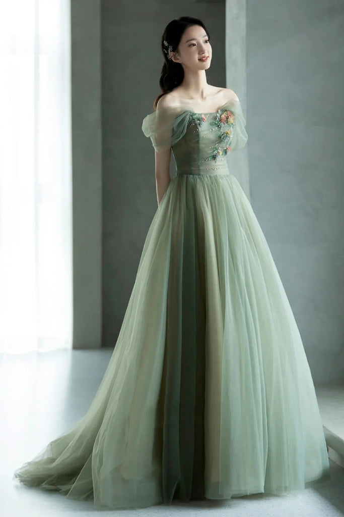 Off the Shoulder Green Floral Long Prom Dresses, Green Long Floral For