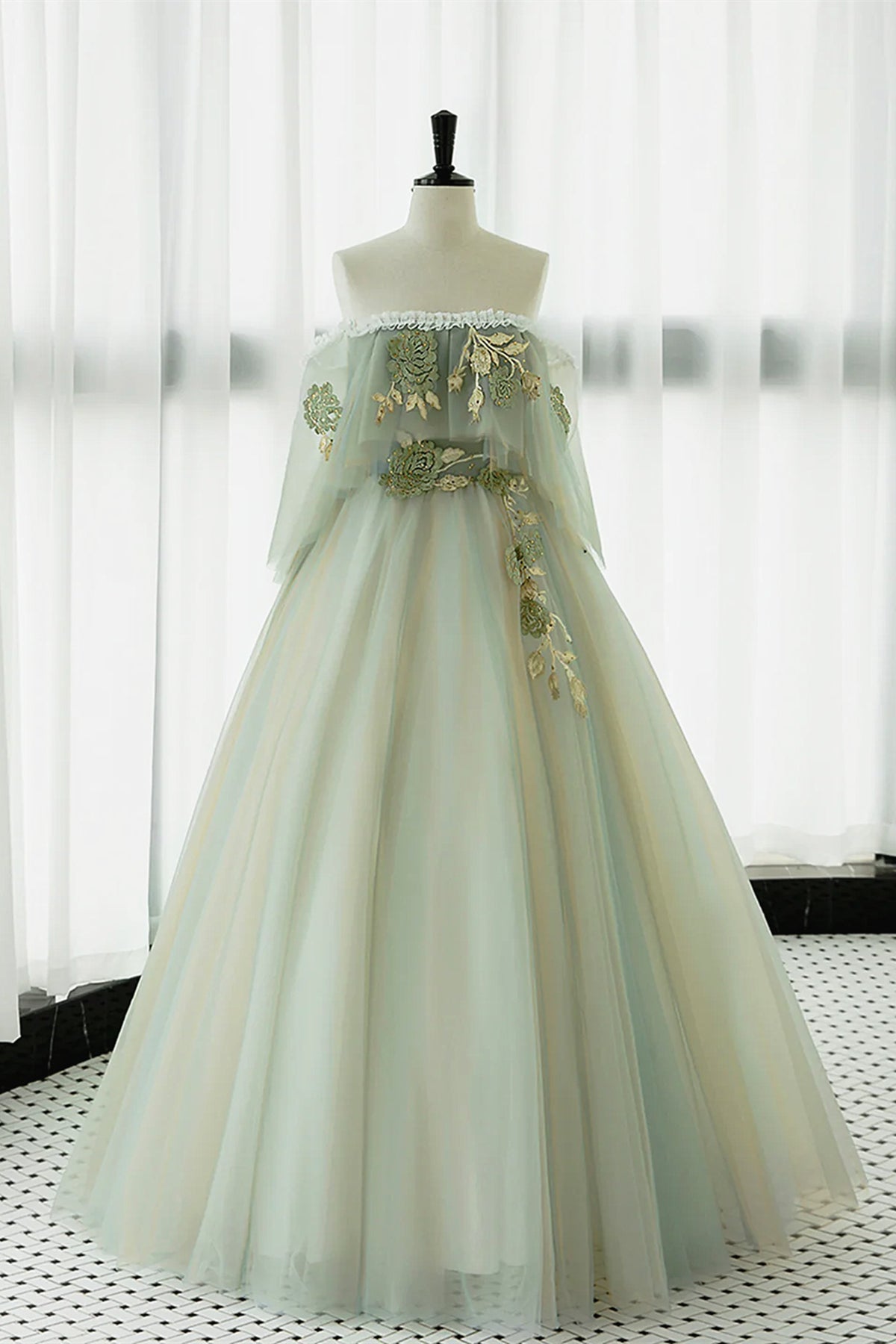 Off the Shoulder Green Lace Floral Prom Dresses, Green Tulle Floral Lo Eip Collection Off the Shoulder Green Lace Floral Prom Dresses, Green Tulle Floral Lo Eip Collection