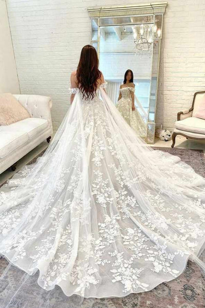 Off the Shoulder Ivory Lace Wedding Dresses, Ivory Lace Bridal Gowns Prom Dresses