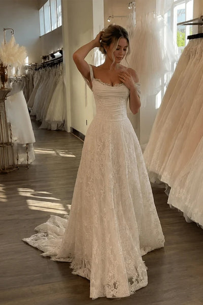 Off the Shoulder Ivory Lace Wedding Dresses, Ivory Lace Wedding Gowns