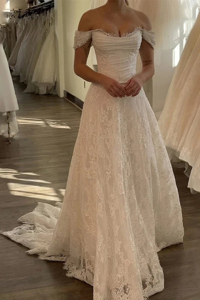 Off the Shoulder Ivory Lace Wedding Dresses, Ivory Lace Wedding Gowns