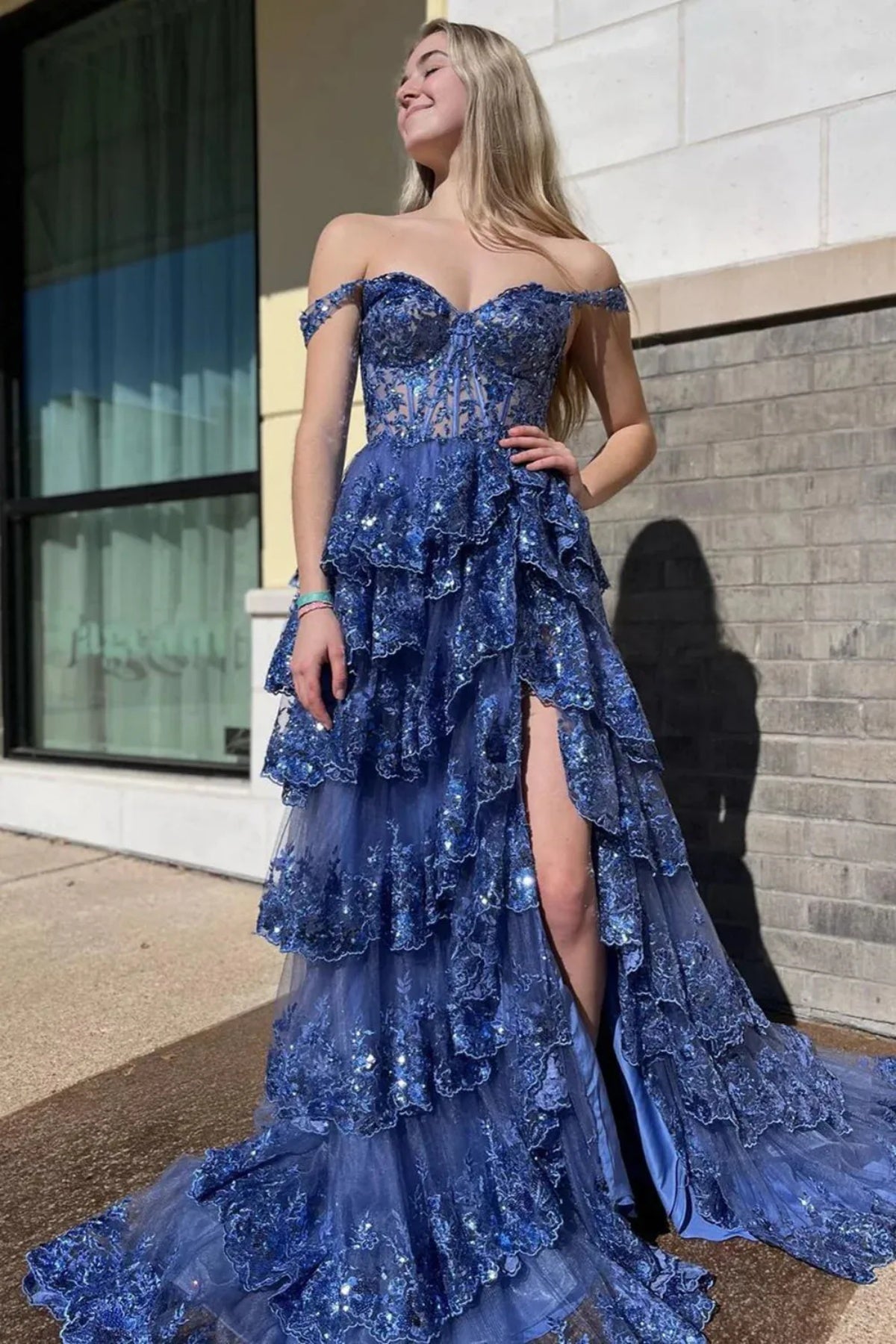 Off the Shoulder Layered Lace Long Prom Dresses, Lace Layered Long Formal Evening Dresses