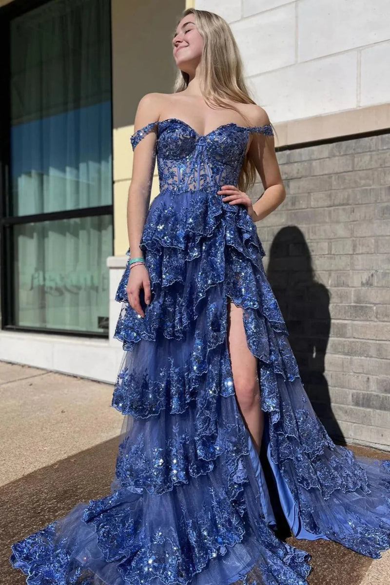 Off the Shoulder Black Layered Lace Prom Dresses, Black Layered Lace Formal Evening Dresses