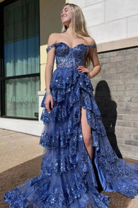 Off the Shoulder Layered Lace Long Prom Dresses, Lace Layered Long Formal Evening Dresses