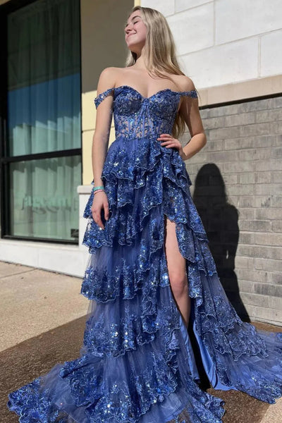 Off the Shoulder Layered Lace Long Prom Dresses, Lace Layered Long Formal Evening Dresses