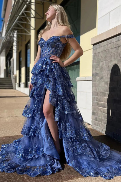 Off the Shoulder Layered Lace Long Prom Dresses, Lace Layered Long Formal Evening Dresses