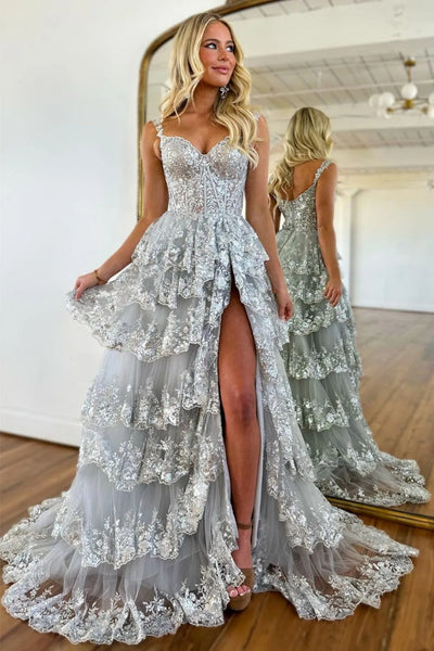 Off the Shoulder Layered Lace Long Prom Dresses, Lace Layered Long Formal Evening Dresses