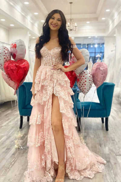 Off the Shoulder Layered Lace Long Prom Dresses, Lace Layered Long Formal Evening Dresses