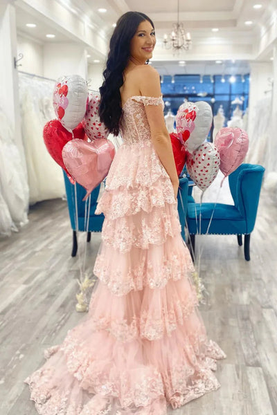 Off the Shoulder Layered Lace Long Prom Dresses, Lace Layered Long Formal Evening Dresses