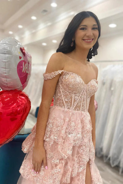 Off the Shoulder Layered Lace Long Prom Dresses, Lace Layered Long Formal Evening Dresses