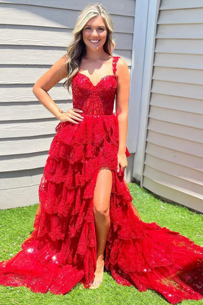 Off the Shoulder Layered Lace Long Prom Dresses, Lace Layered Long Formal Evening Dresses