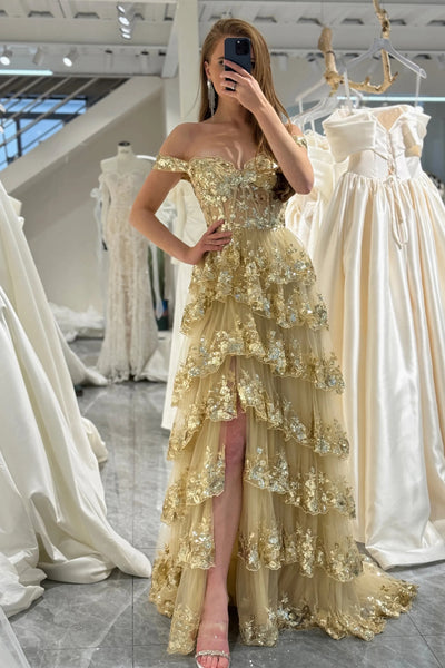 Off the Shoulder Layered Lace Long Prom Dresses, Lace Layered Long Formal Evening Dresses