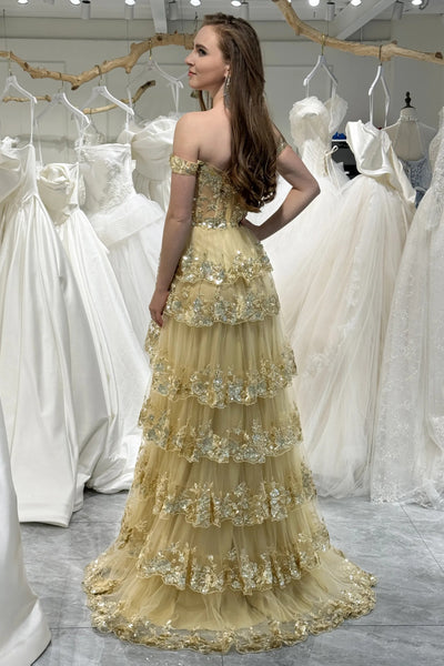 Off the Shoulder Layered Lace Long Prom Dresses, Lace Layered Long Formal Evening Dresses