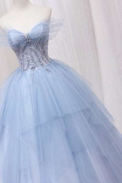 Off the Shoulder Light Blue Black Burgundy Tulle Puffy Prom Dresses, Light Blue Burgundy Black Formal Evening Dresses