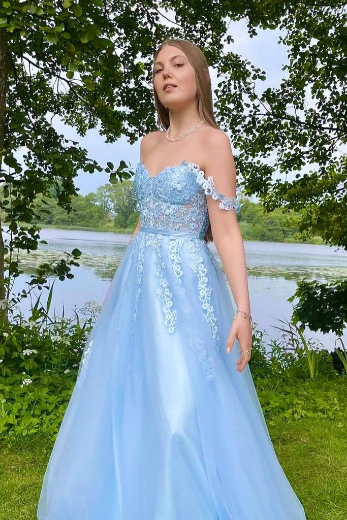 Off the Shoulder Light Blue Lace Prom Dresses, Light Blue Lace Formal Eip Collection Off the Shoulder Light Blue Lace Prom Dresses, Light Blue Lace Formal Eip Collection