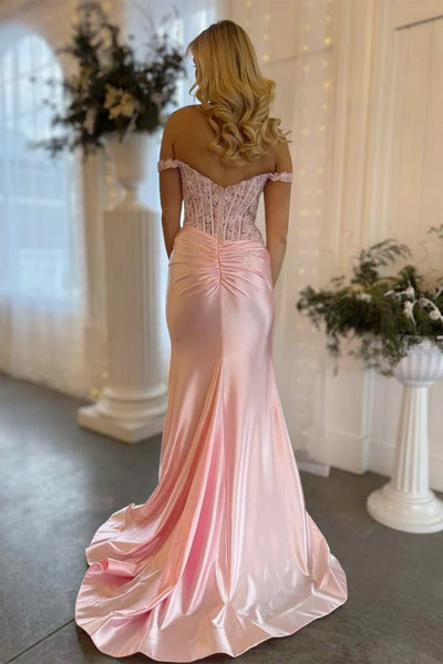 Off the Shoulder Light Pink Mermaid Lace Prom Dresses, Light Pink Mermaid Lace Formal Evening Dresses